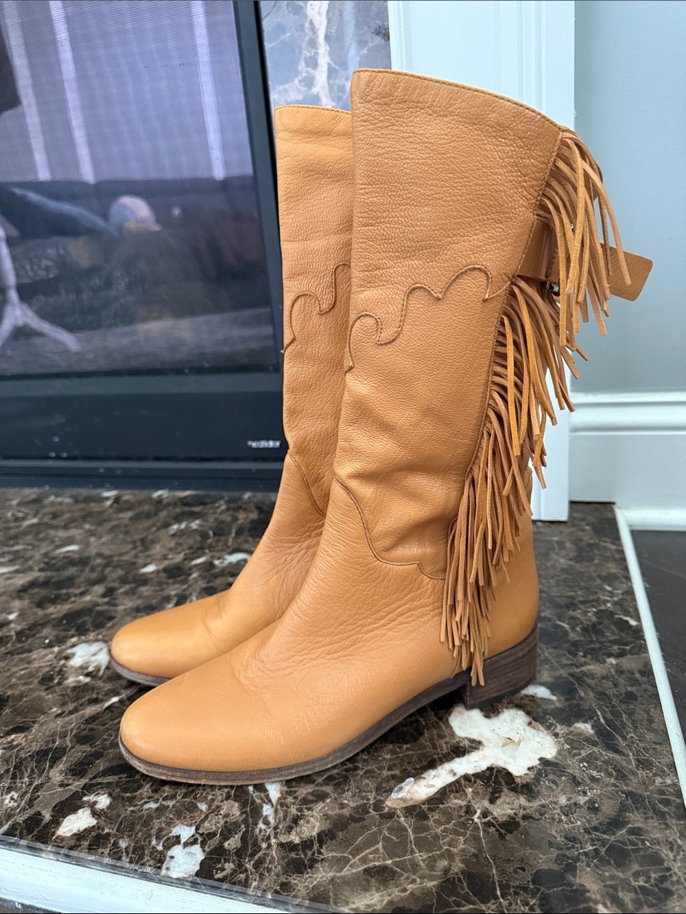 See By Chloe Tan Fringe Mid-Calf Leather Boots